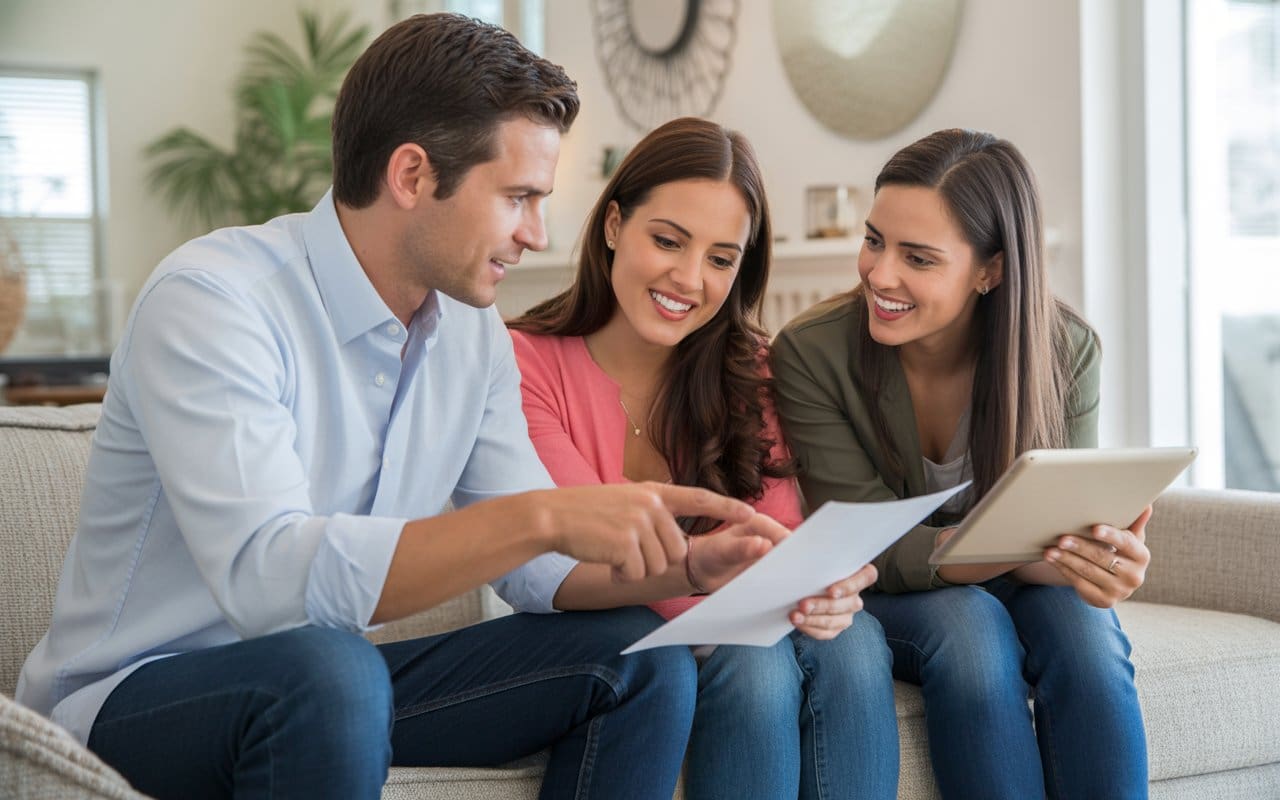 Real estate agent discussing property purchase documents with clients in a home setting.