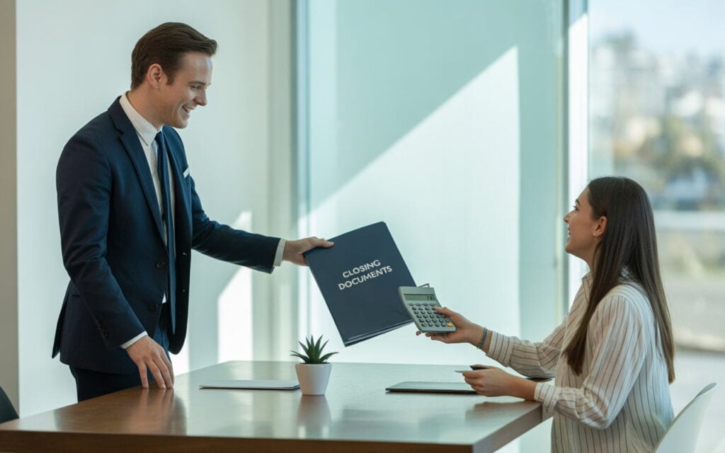 Real estate agent presenting closing documents to client in an office setting.