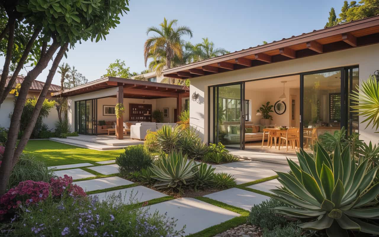 Real estate agent presenting a beautiful San Diego home with lush greenery in the backyard to potential buyers.