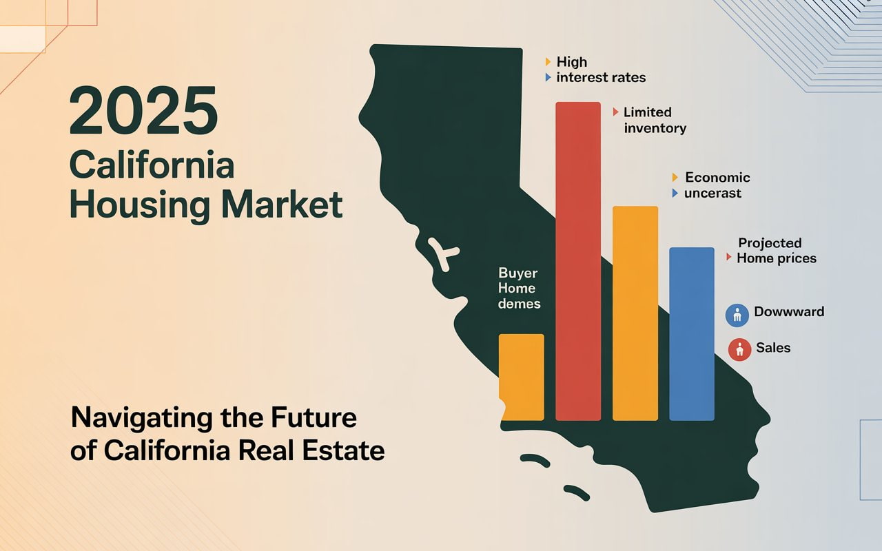 2025 California Housing Market infographic showing high interest rates, limited inventory, and projected home prices, designed by a real estate agency.