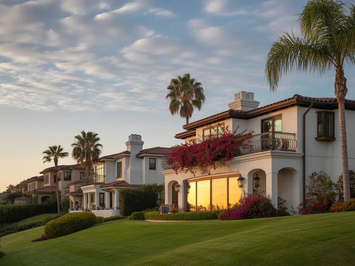 Mediterranean-style luxury homes in La Costa Oaks North, Carlsbad CA, with palm trees, sunset sky, and manicured lawns