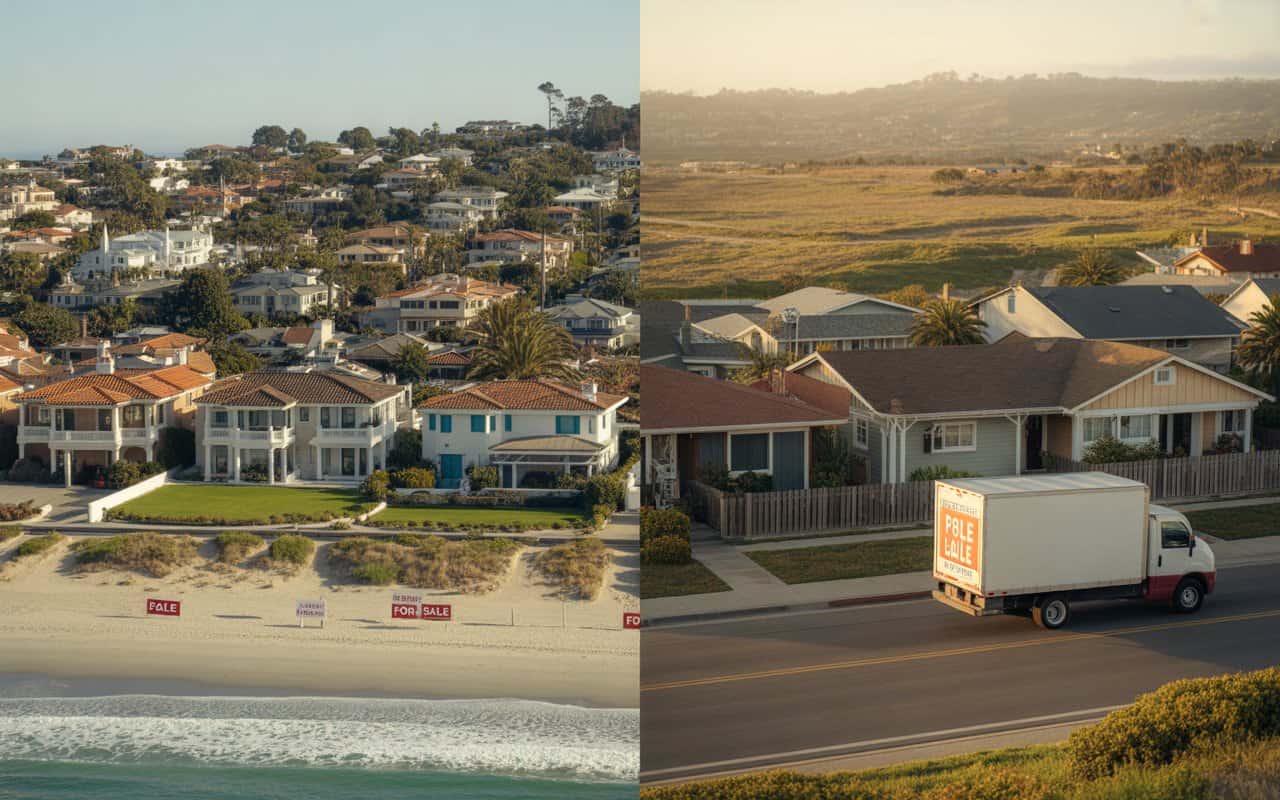 Split-screen view showcasing beachfront homes for sale and a moving truck, highlighting the real estate market.