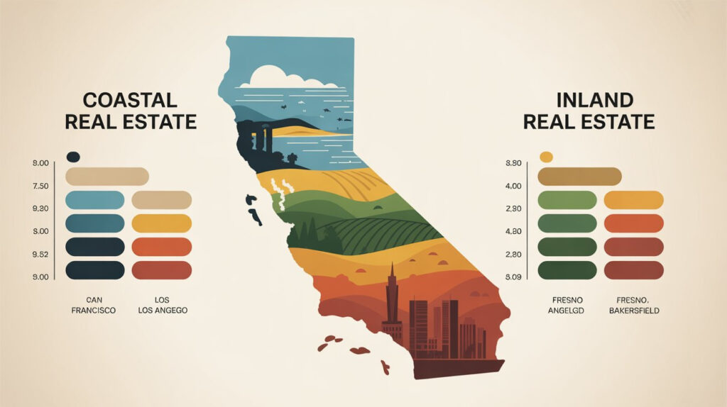 Infographic comparing coastal and inland real estate in California, highlighting key regions and market trends for real estate agents, brokers, and investors.