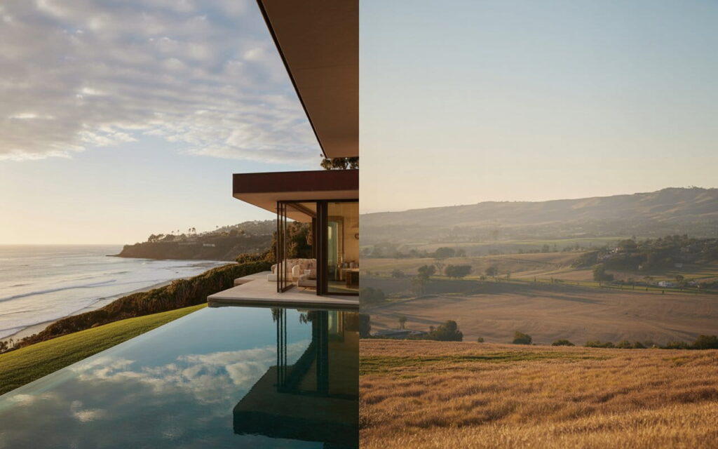 Real estate agent showcasing the beauty of coastal vs inland real estate in California, with scenic views of the coastline and rural landscape.