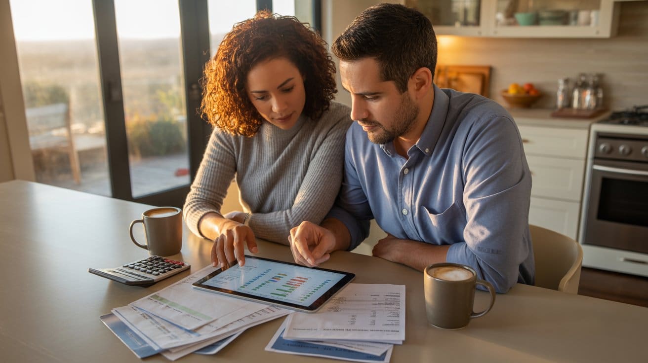 Diverse couple sitting at a table analyzing financial reports on a tablet