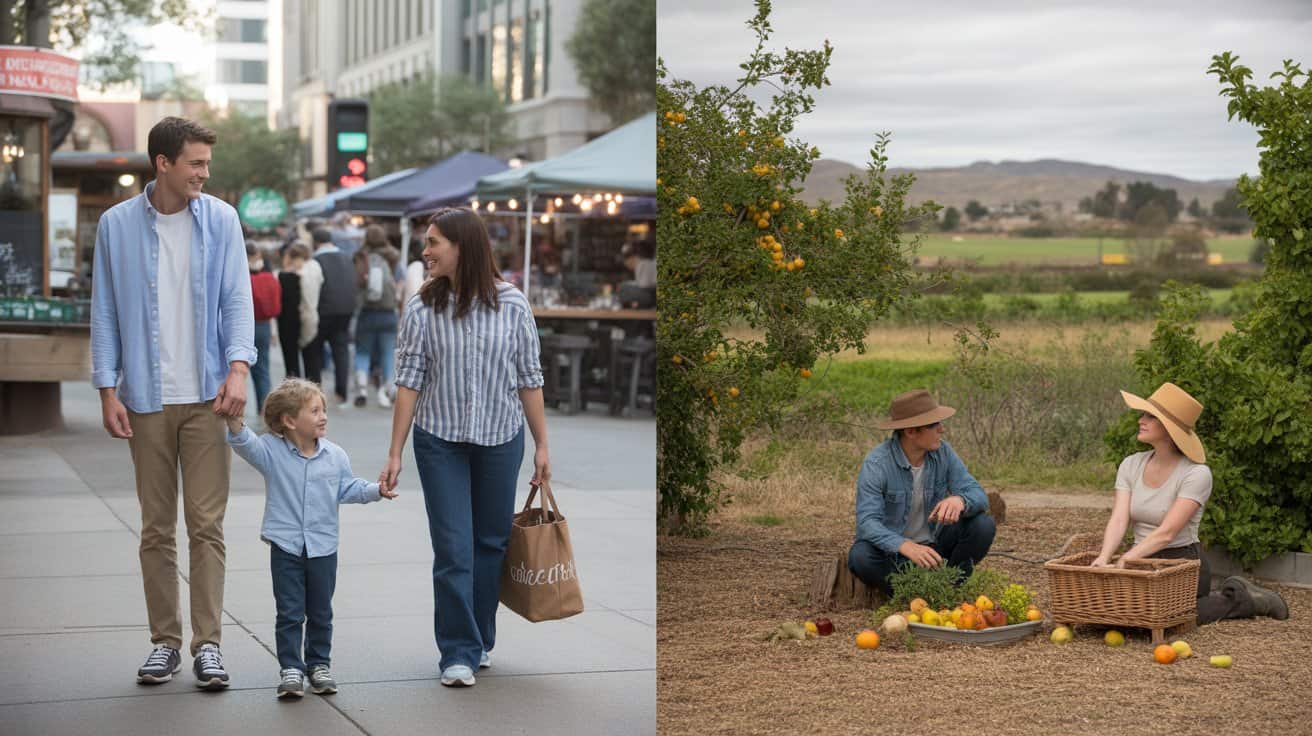 amily walking in a city street on the left, farming couple harvesting produce on the right.