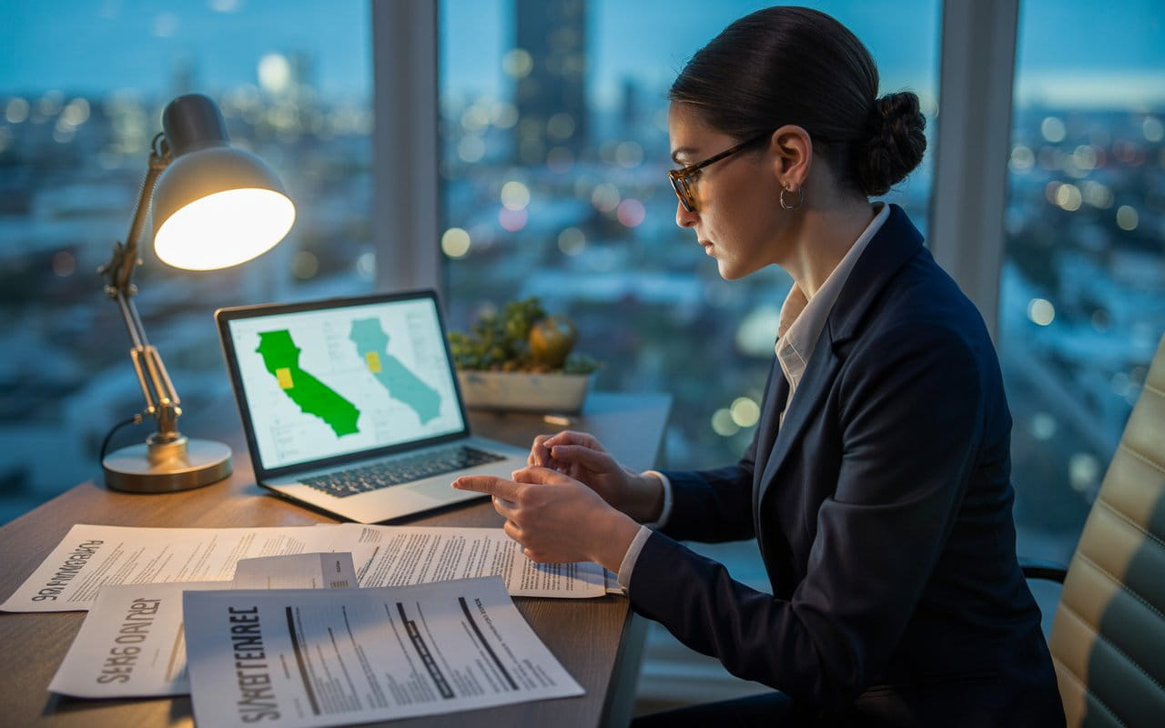 Focused real estate agent analyzing market data and property details on a laptop in an office.