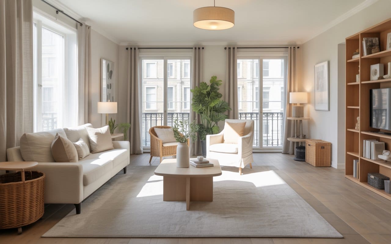 Clean modern living room designed by a San Diego real estate agent, showcasing contemporary decor and spacious layout.