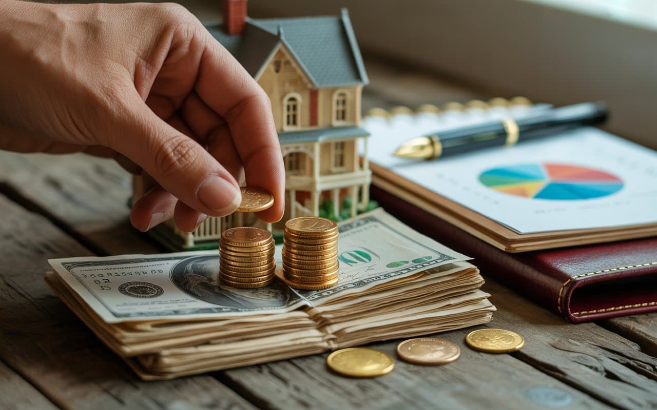 Hand placing coins on top of money with a small house model and financial documents