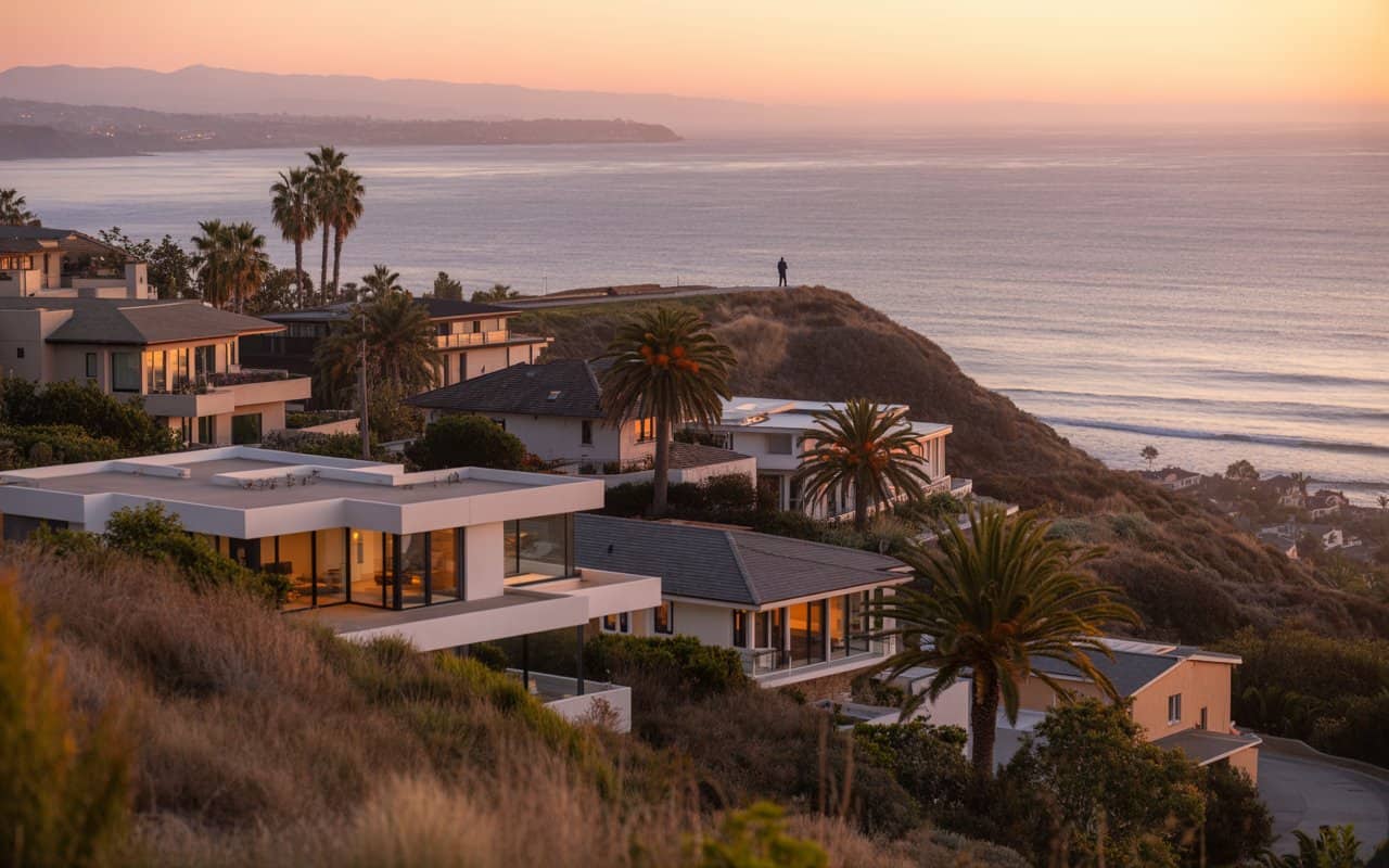 Wide-angle view of luxury coastal homes with palm trees, overlooking the ocean at sunset, perfect for real estate listings.