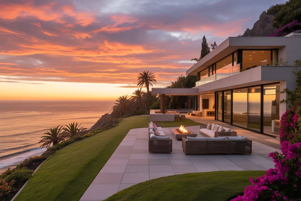Stunning modern California home with ocean views, featuring spacious outdoor seating and firepit, perfect for a luxury lifestyle. Real estate agent Adam Kelley specializes in high-end properties in San Diego and Carlsbad.