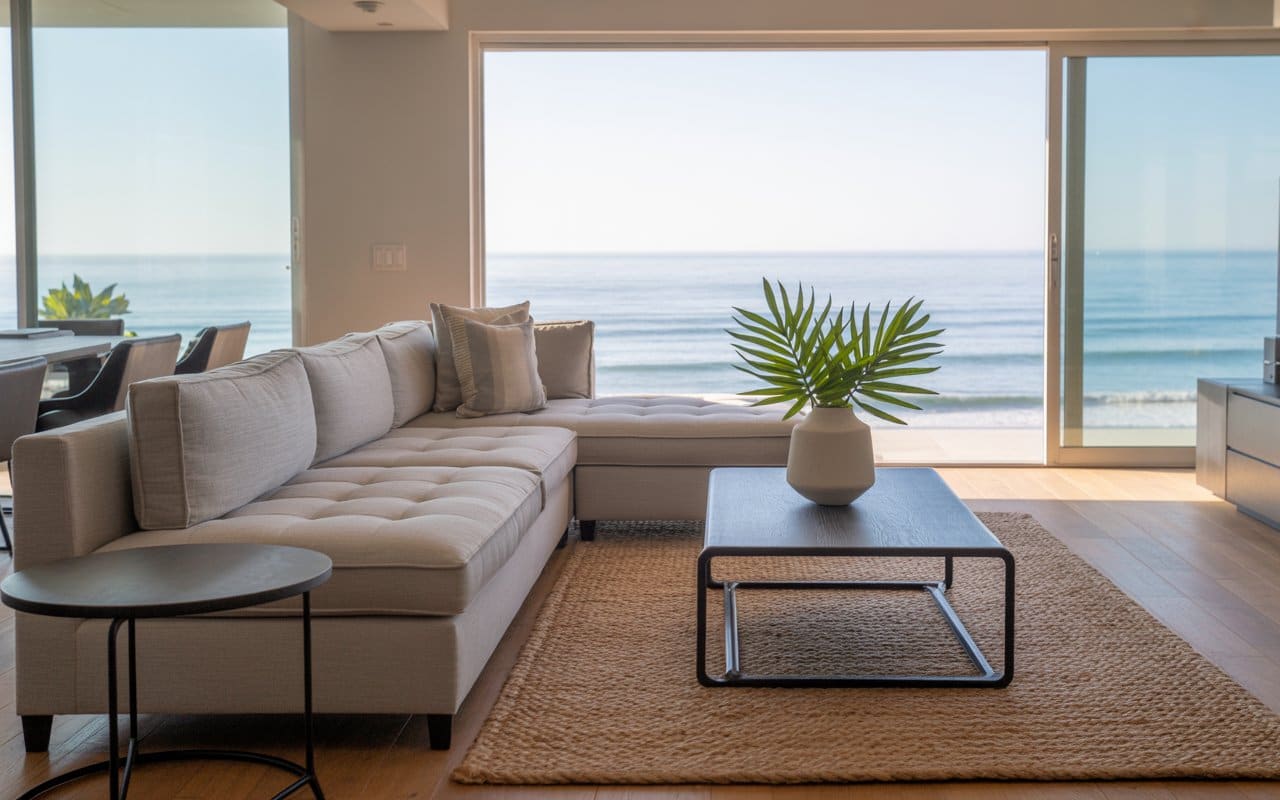 Modern San Diego condo with a spacious living room, ocean view, and stylish decor featuring a comfortable sofa and a decorative plant.