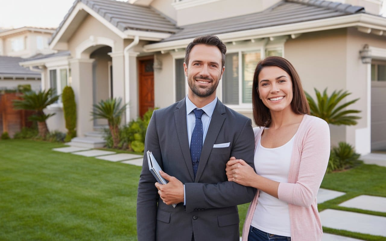 Professional real estate agent standing with a couple outside a home, ready to assist with property buying or selling.