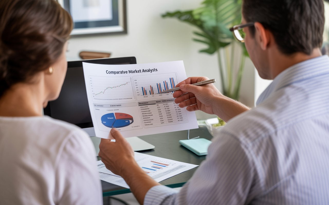 Real estate agent reviewing comparative market analysis with clients to determine the value of a property.