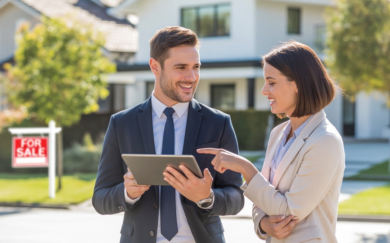 Real estate agents discussing property in San Diego with a digital tablet.
