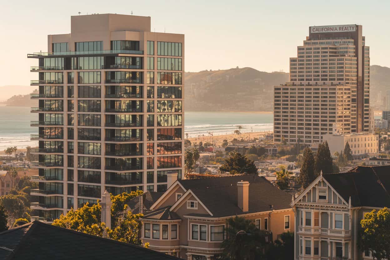 Real estate in California with a bustling urban skyline, highlighting San Diego, Escondido, and Carlsbad neighborhoods where Adam Kelley, a trusted real estate agent, offers expert services as a real estate broker and realtor.
