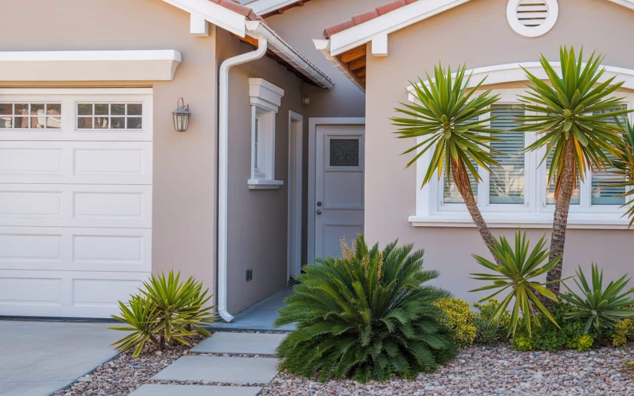 San Diego home entrance with tropical plants and landscaped pathway, perfect for a real estate agency listing.