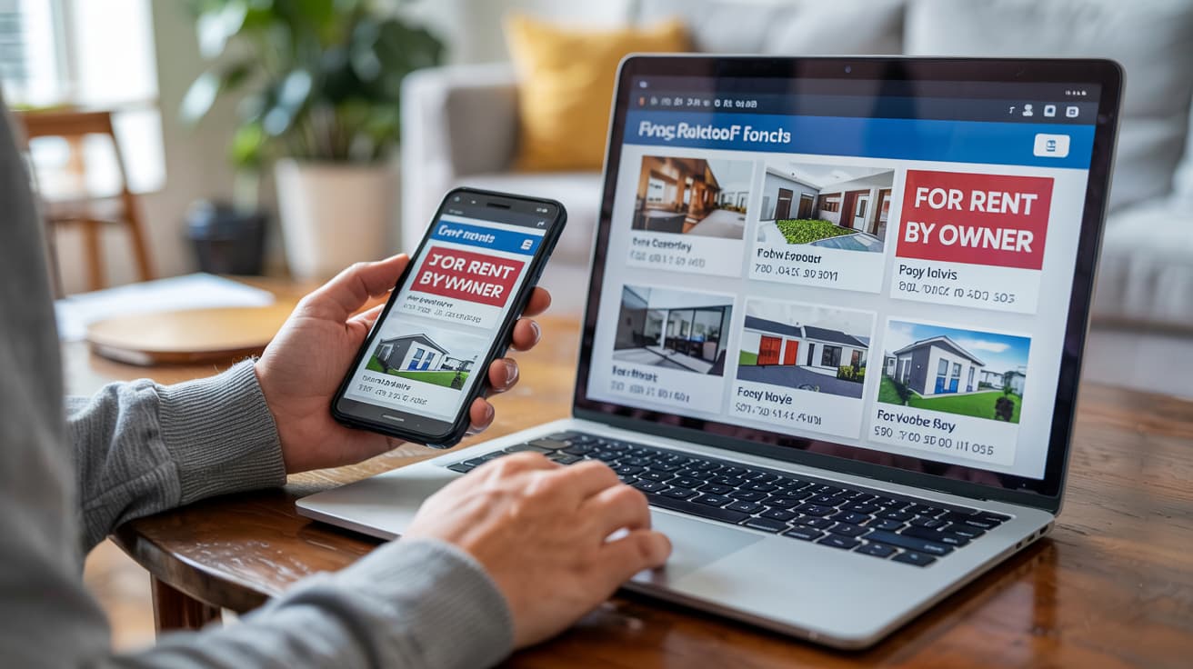 Person browsing rental listings for private landlords on a laptop and mobile phone.