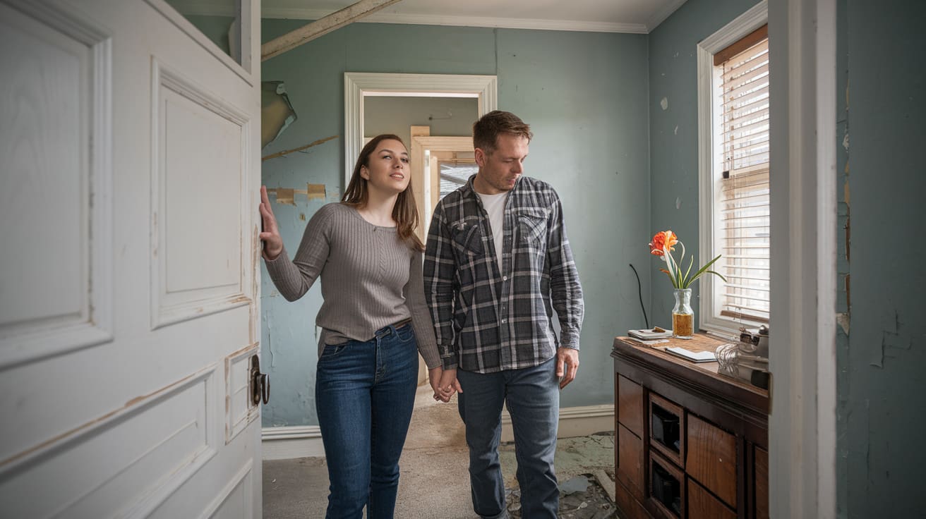 Couple inspecting a foreclosed home, discussing its condition in a room with peeling walls.