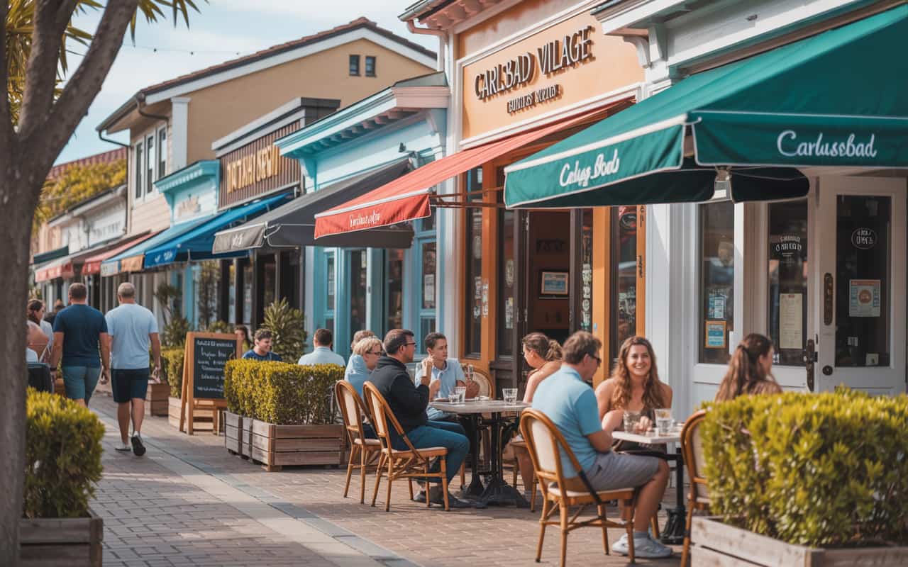 A bustling street scene in Carlsbad with outdoor dining, vibrant storefronts, and people enjoying meals in a coastal village atmosphere.