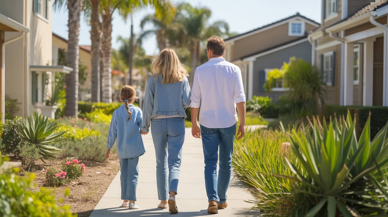 Family walking along a sunny Carlsbad neighborhood.