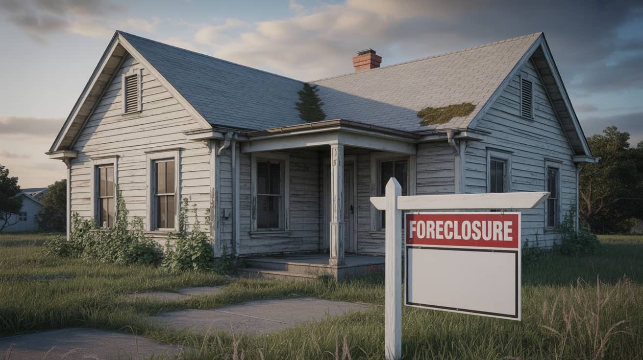 Foreclosed house with a foreclosure sign in front of it, showing overgrown grass and damage.