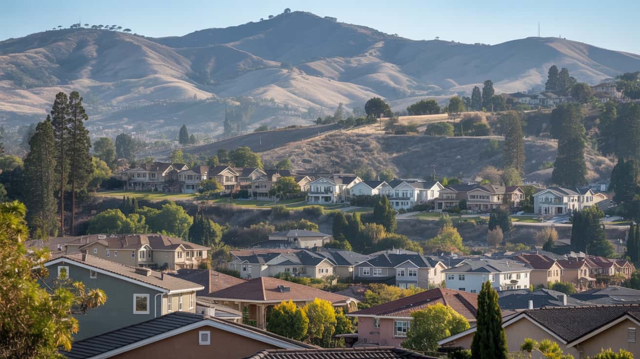 Picturesque view of Escondido with suburban homes and rolling hills in the background.