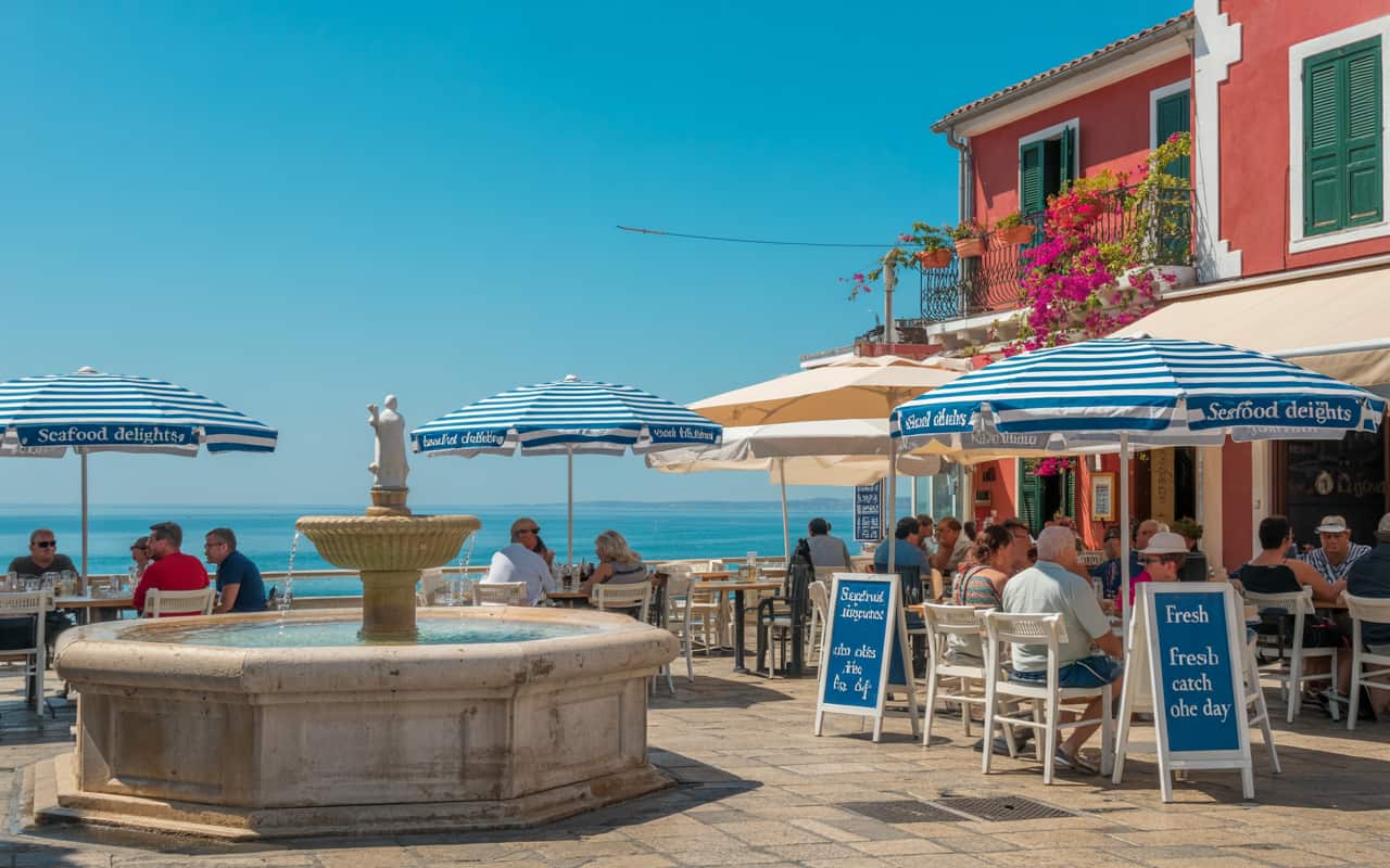 A vibrant coastal town with outdoor seating under striped umbrellas, offering seafood with a view of the ocean.