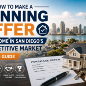 Real estate agent and buyers reviewing a competitive home offer contract in San Diego
