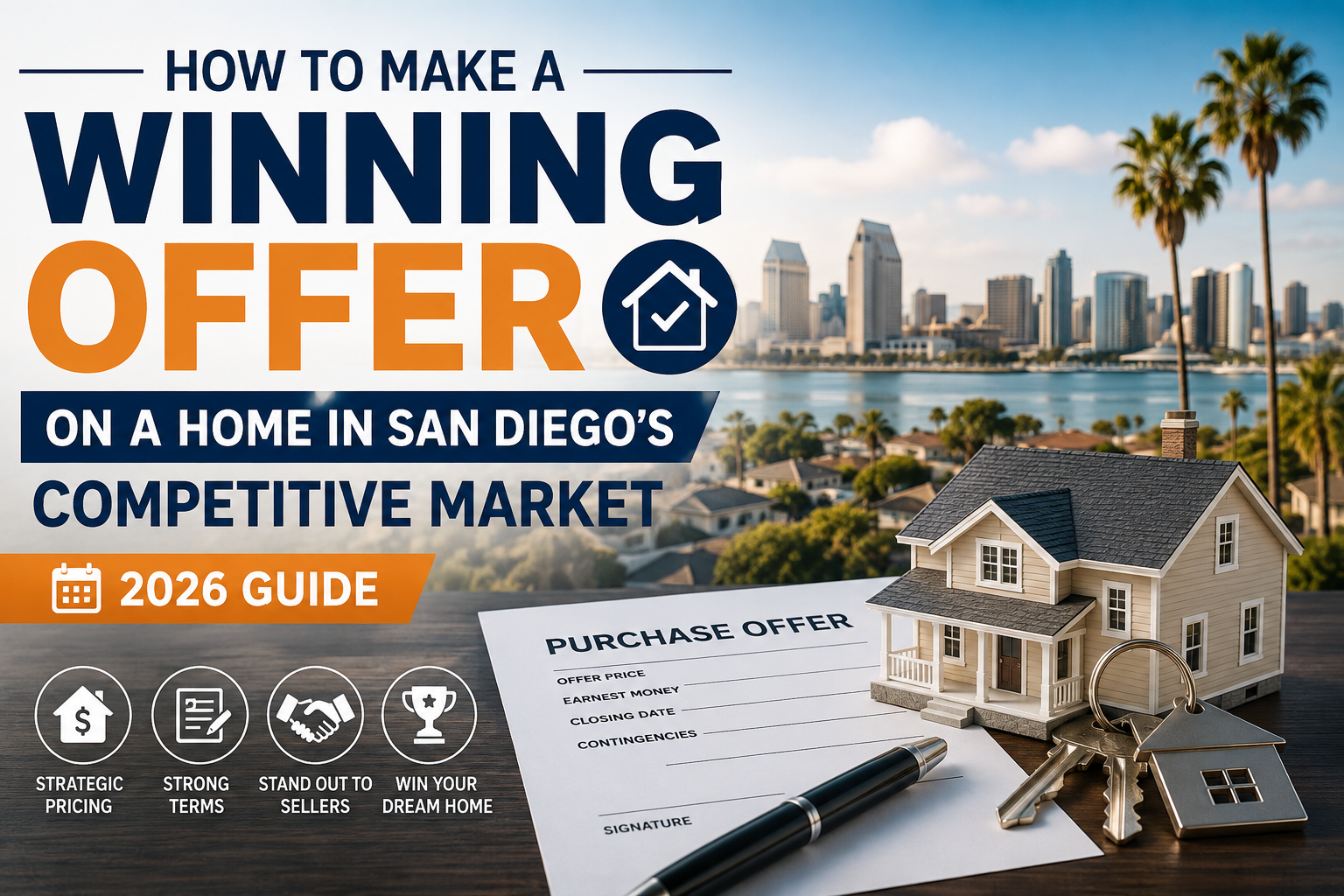 Real estate agent and buyers reviewing a competitive home offer contract in San Diego