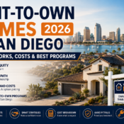 Rent-to-own home in San Diego, CA with a for-sale sign representing the path from renting to owning