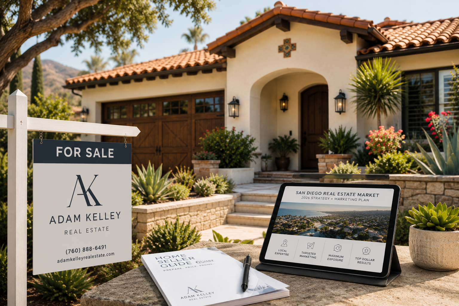 Real estate agent for selling a house discussing listing strategy with San Diego homeowners