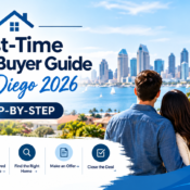 First-time home buyers reviewing paperwork with a San Diego real estate agent