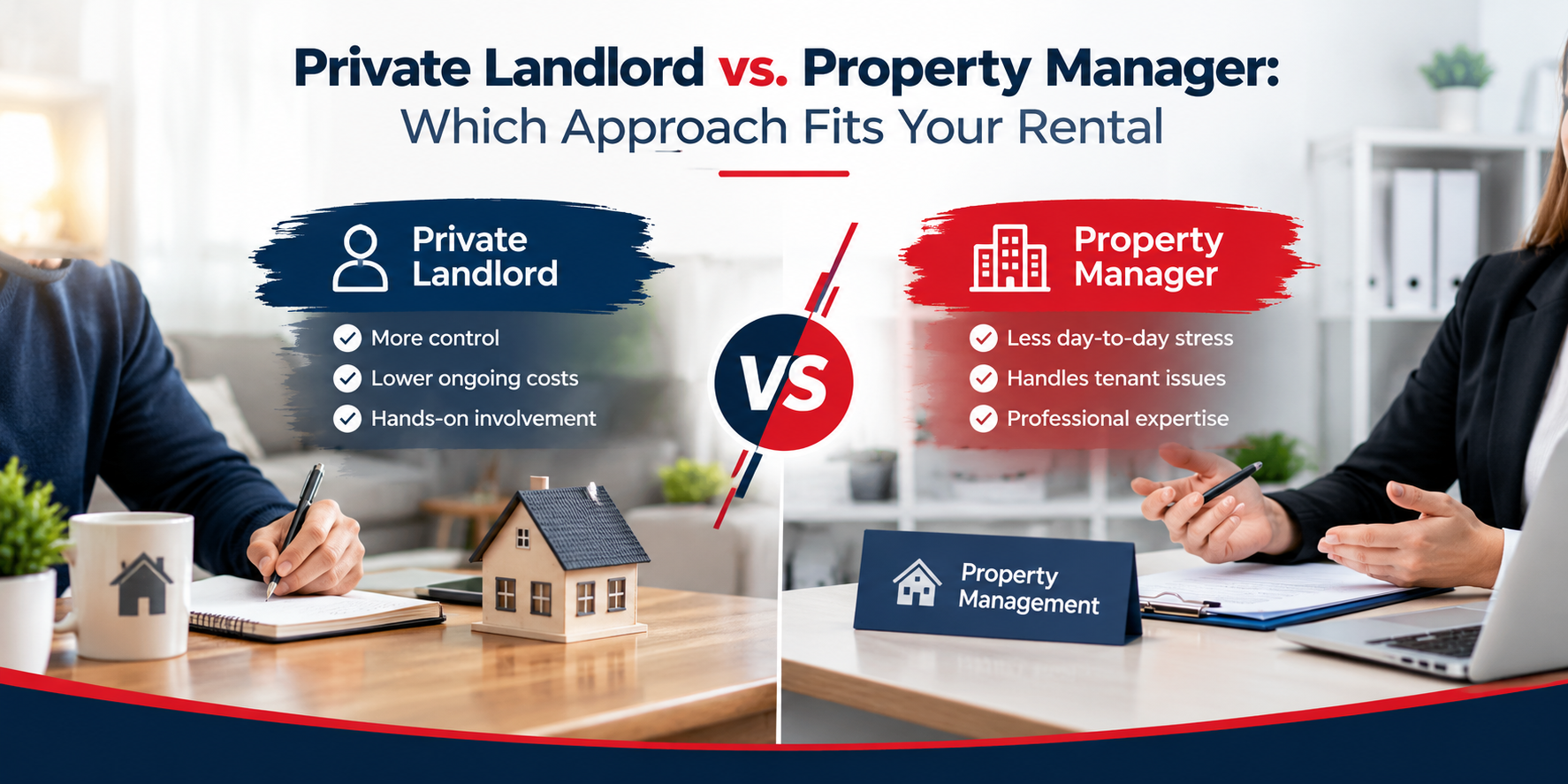 Split image comparing a private landlord handing keys to a tenant and a property manager reviewing rental documents in San Diego