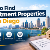 Infographic of seven ways to find investment properties in San Diego, including MLS, LoopNet, and off-market leads