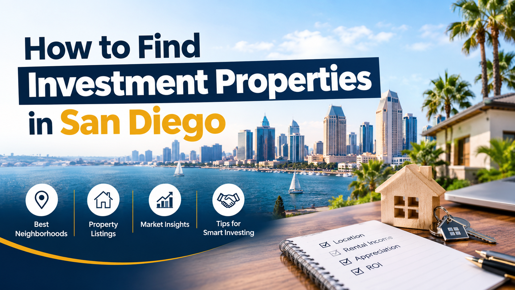 Infographic of seven ways to find investment properties in San Diego, including MLS, LoopNet, and off-market leads