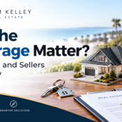 Home buyer and real estate agent reviewing a brokerage agreement at a desk with a San Diego neighborhood visible through the window