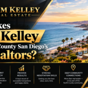 Adam Kelley, top-rated North County San Diego realtor, standing outside a coastal Carlsbad home with a for-sale sign